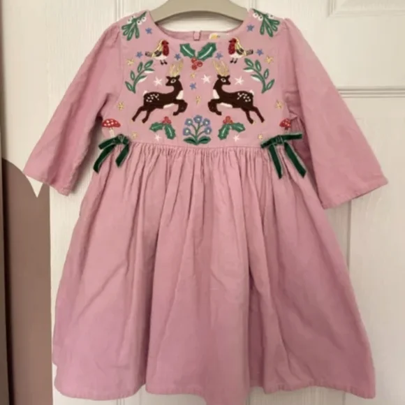 Pink Reindeer Cord Embroidered Party Dress - Picture 3 of 3